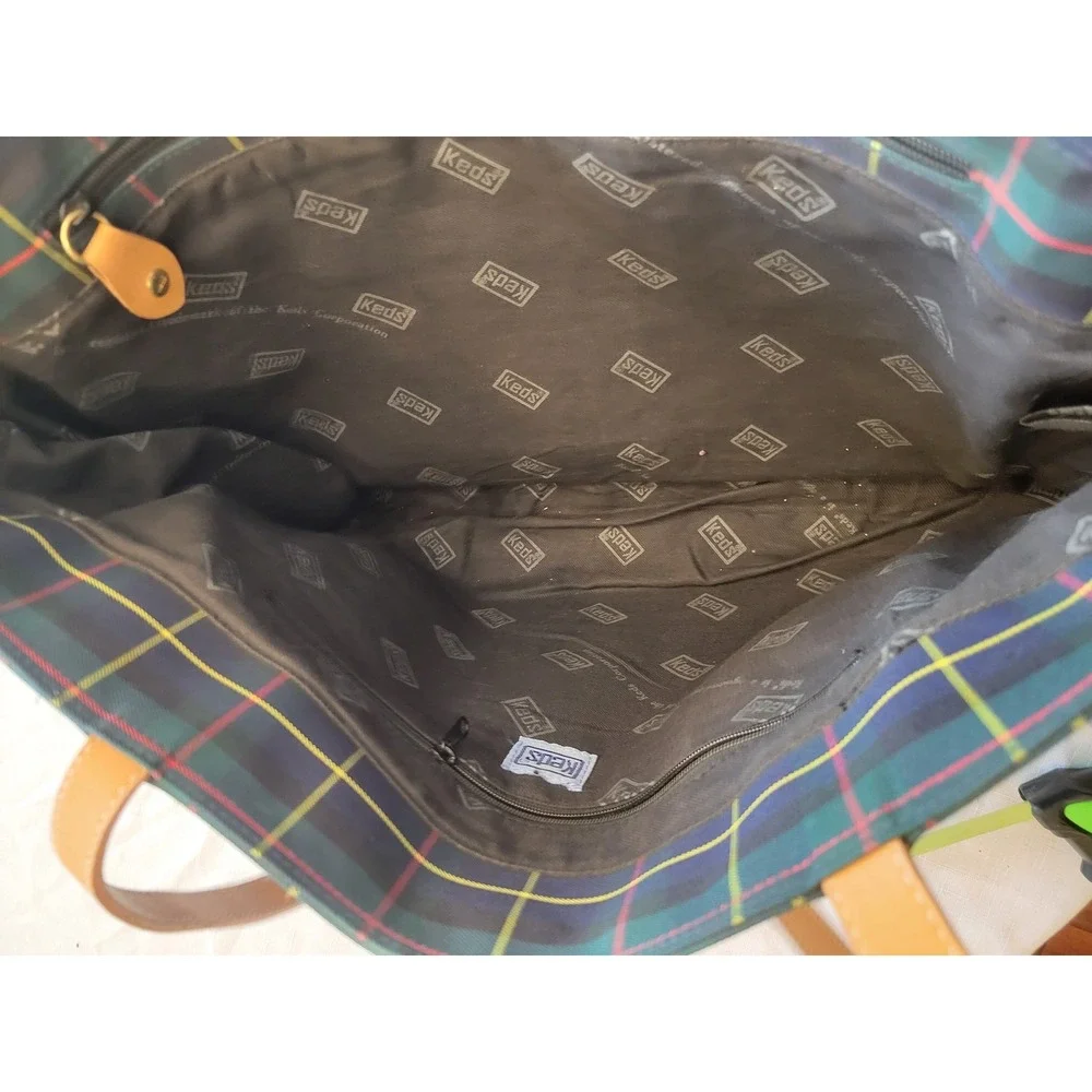 Keds Plaid Canvas‎ & Faux Leather Tote Bag Women's Large Shoulder Handbag Navy